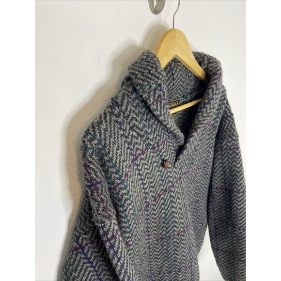 Vintage Eddie Bauer Men XL Wool 90s Chevron Knit Sweater Shawl - Picture 5 of 7